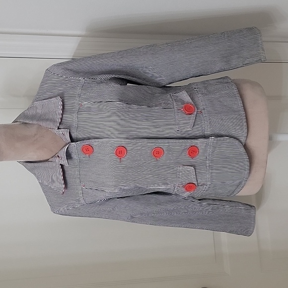 Onque Casuals, Size M, Navy Blue and White Striped Cropped Blazer w/ Red Buttons - Picture 1 of 10